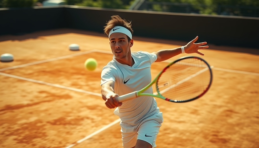 Carlos Alcaraz serving on a vibrant clay court, dynamic action.