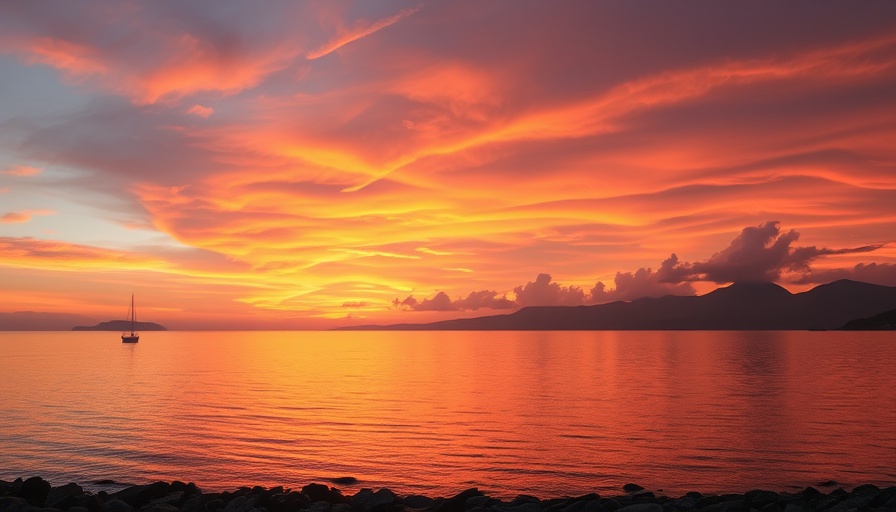 Serene sunset over calm ocean with vibrant sky and small boat.