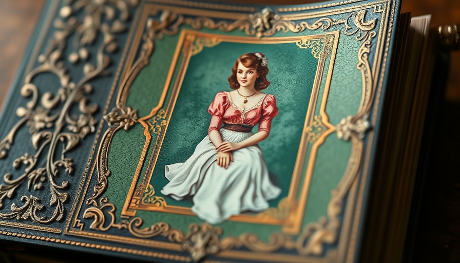Century-old photo album with vintage illustration and ornate design.
