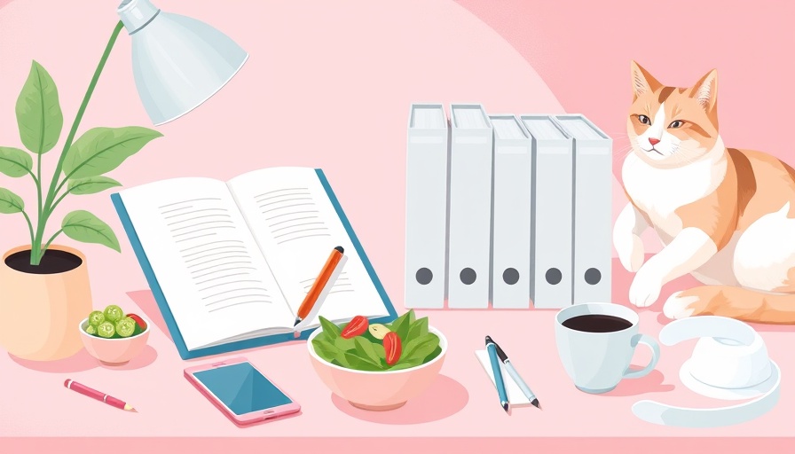 Pastel scene with a medical binder, notebook, and salad in soft illustration style.