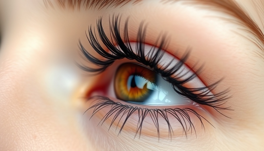Close-up of eye with long natural lashes, brown eye color.