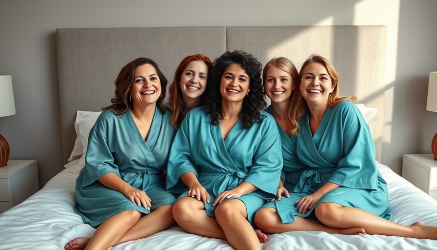 Bridal makeup theme with women in teal robes sitting on a bed.