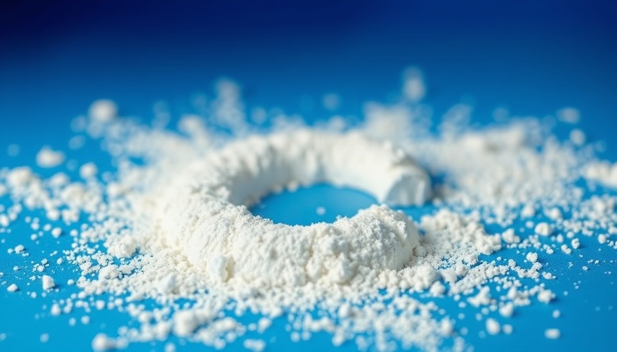 Close-up of vitamin C powder forming a 'C' shape on blue background.
