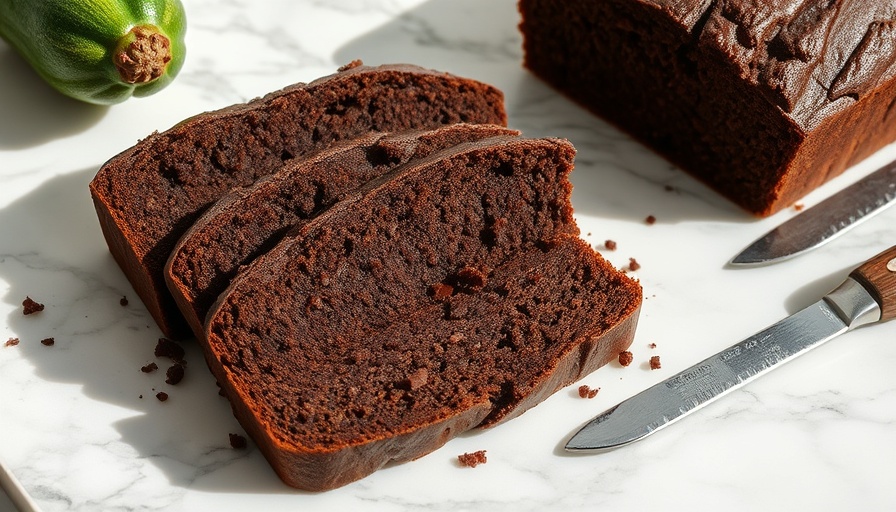 Healthy chocolate zucchini bread sliced on marble surface.