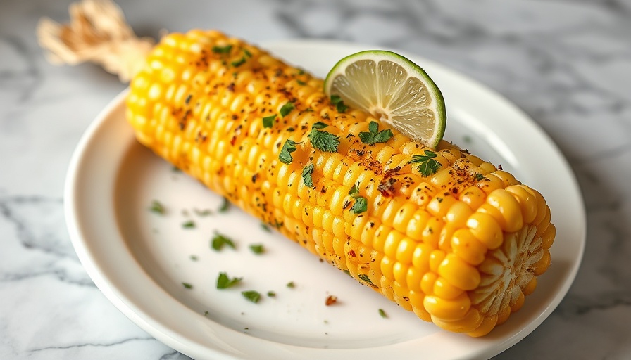 Air fryer corn on the cob garnished with lime and herbs on a plate.