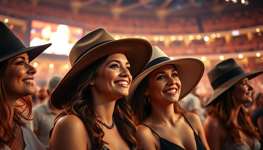 Two women in hats, smiling at concert scene.