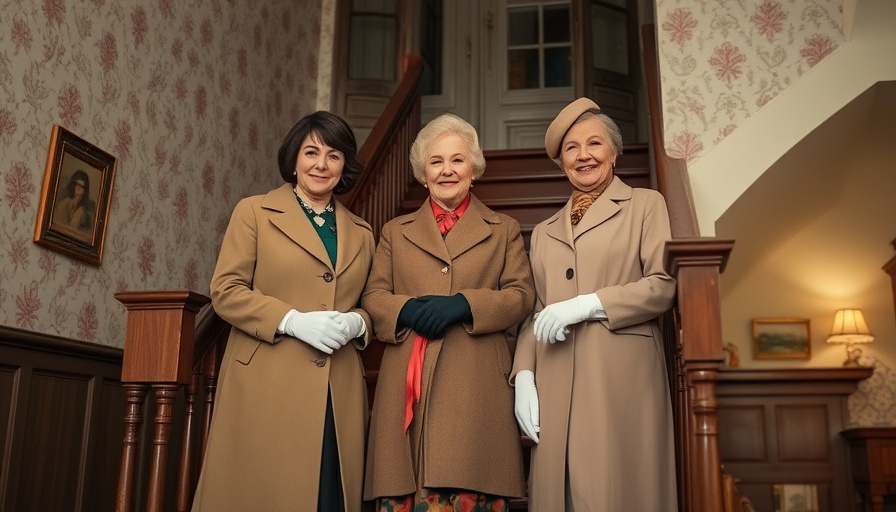 Three women from different generations in vintage clothing on staircase.