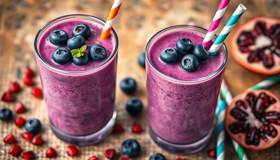 Vibrant purple smoothie for kids with blueberries and pomegranate.