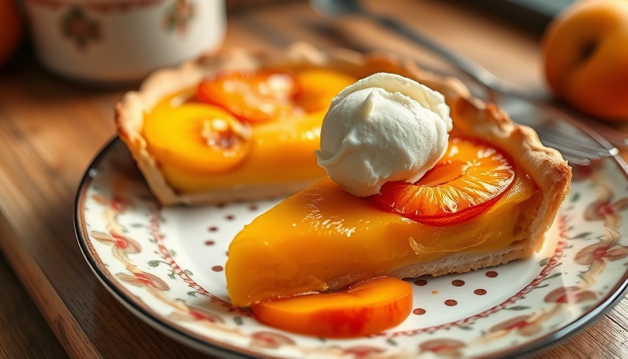 Appetizing apricot tart recipe with ice cream on a decorative plate.
