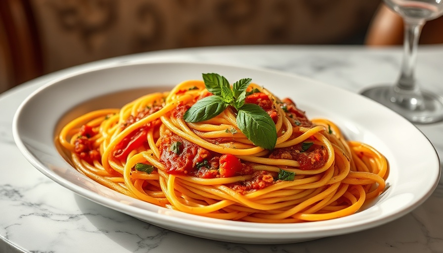 Delicious pasta puttanesca dish garnished with herbs on marble table.