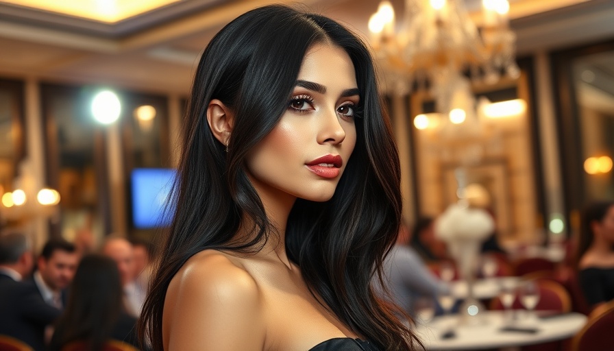Glamorous woman at promotional event, poised expression.