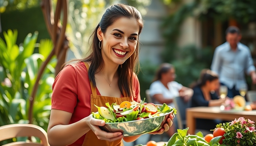 Cheerful woman serving salad at garden party, French-inspired entertaining.