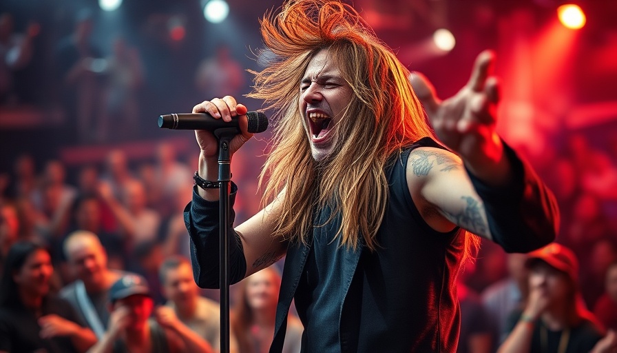 Rock singer energetically performing on stage with microphone.