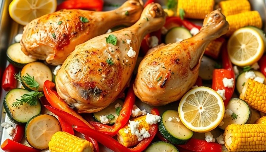 Colorful healthy sheet pan chicken with vegetables and lemon.