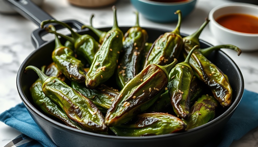 Blistered shishito peppers garnished with sesame seeds in a skillet.
