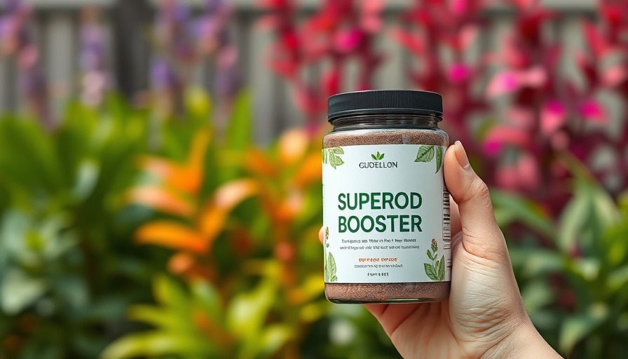 Superfood booster powder jar held in hand with garden background.