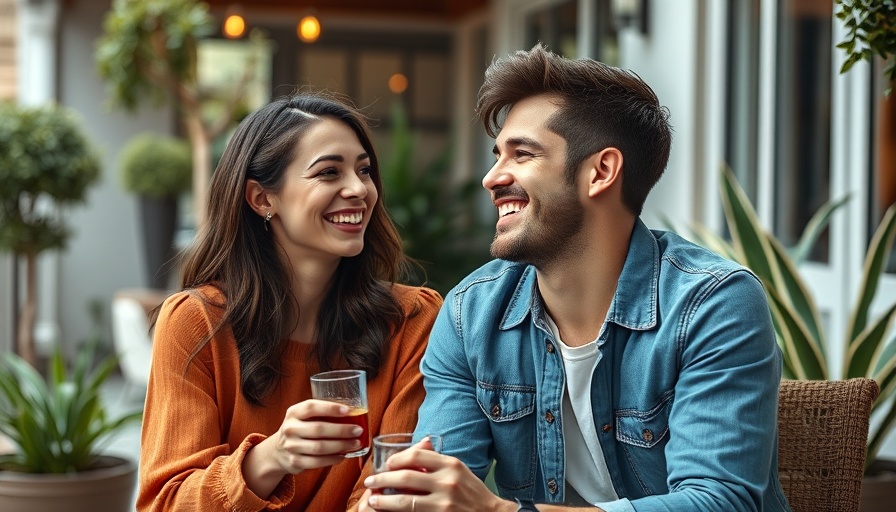 Couple smiling together on patio, joyful moment.
