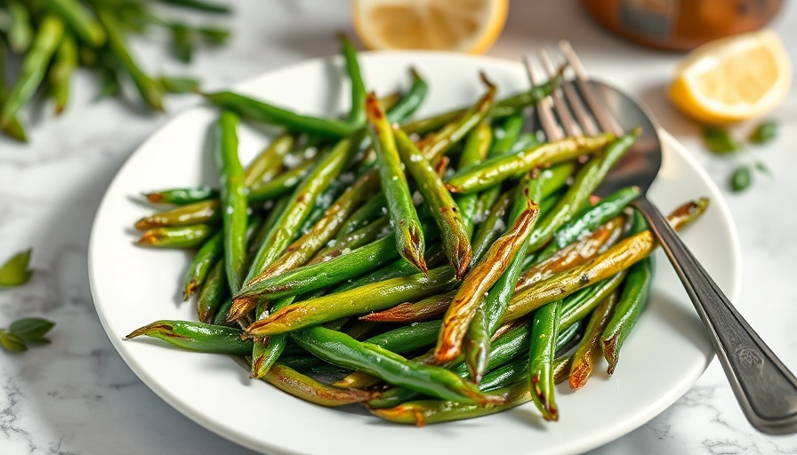 Air fryer green beans served on a plate with utensils.