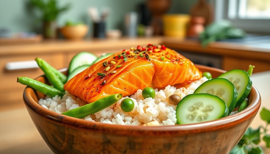 Healthy Teriyaki Salmon Bowl with edamame and cucumber.
