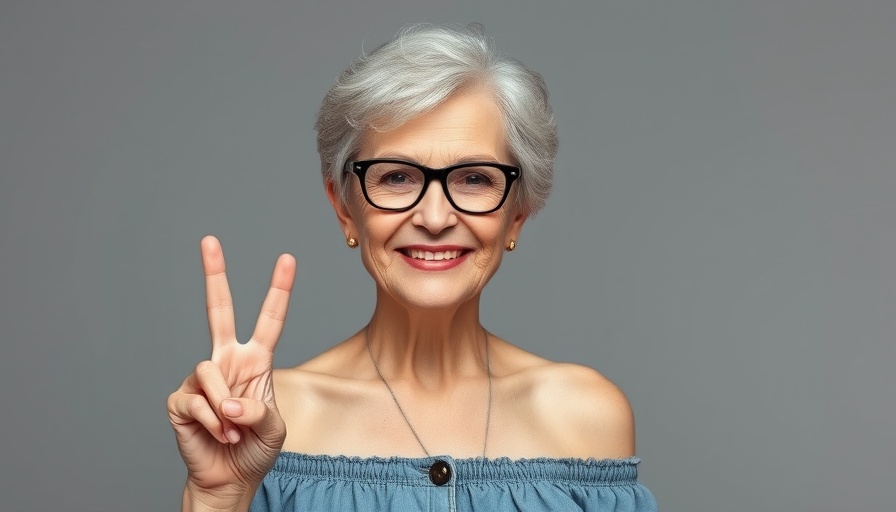 Older woman in denim outfit making peace sign, soft lighting.