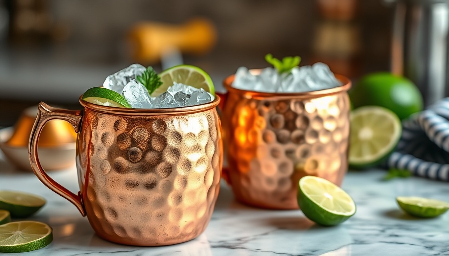 Moscow Mule cocktail recipe with copper mugs and lime.