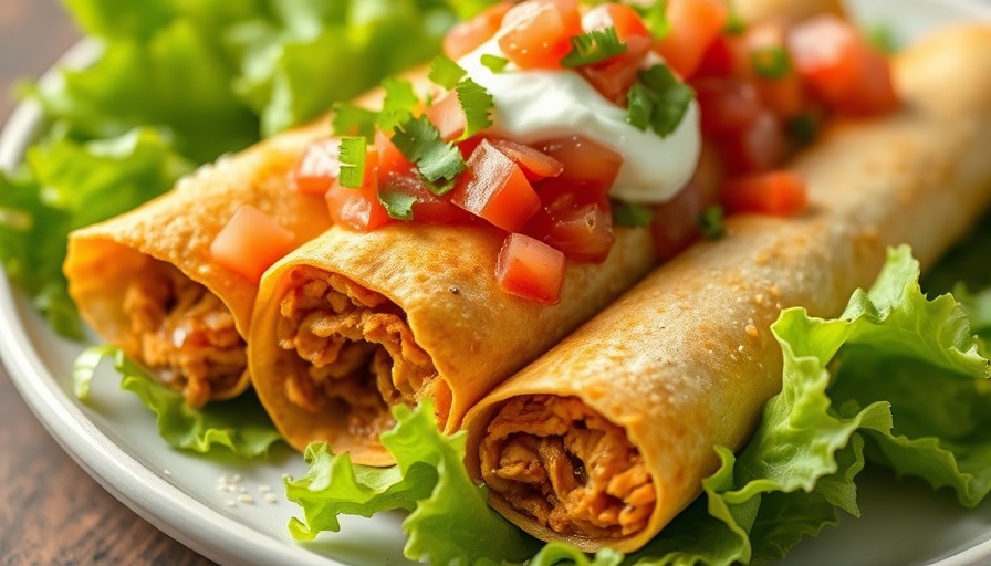Healthy chicken taquitos with salsa and sour cream on lettuce.