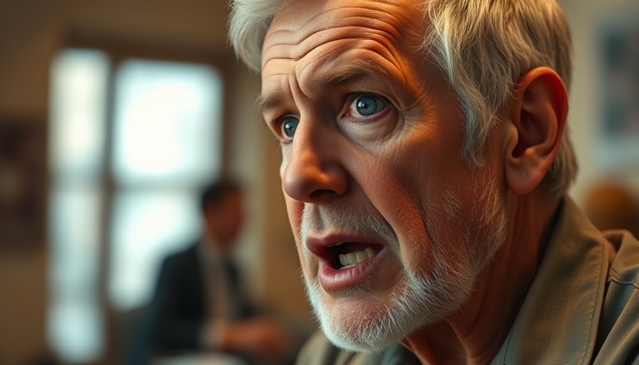Candid shot of older man speaking passionately indoors.