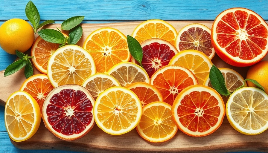 Vitamin C benefits for skin health: various sliced citrus fruits on wood board.