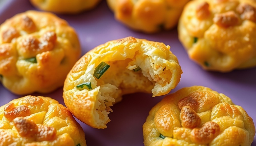 Golden brown breakfast egg puffs displayed on a purple surface.