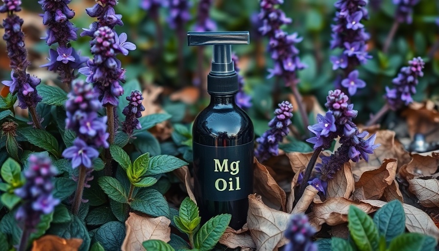 Homemade magnesium oil bottle amidst garden plants.