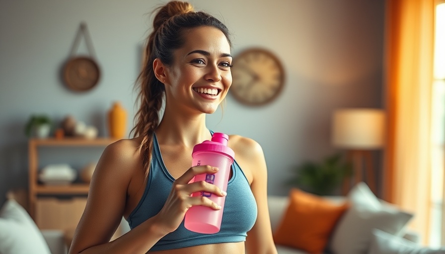 Smiling woman with creatine supplement and pink shaker.