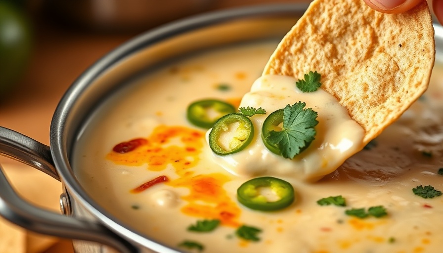 Creamy Cottage Cheese Queso with tortilla chip, jalapenos, cilantro.