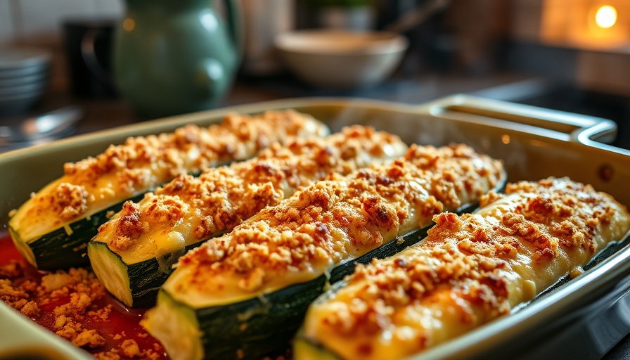 Stuffed zucchini boats with chicken sausage, cheese topping.