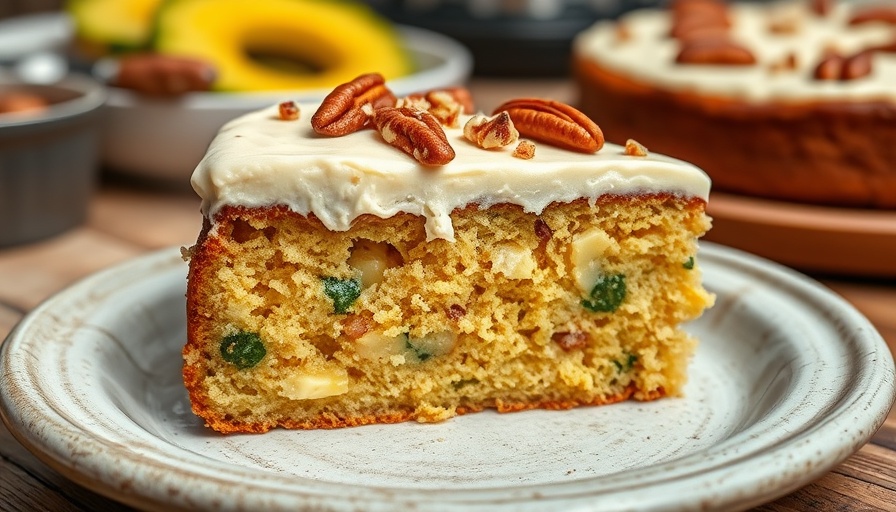 Moist zucchini cake with pineapple topped with frosting and pecans.