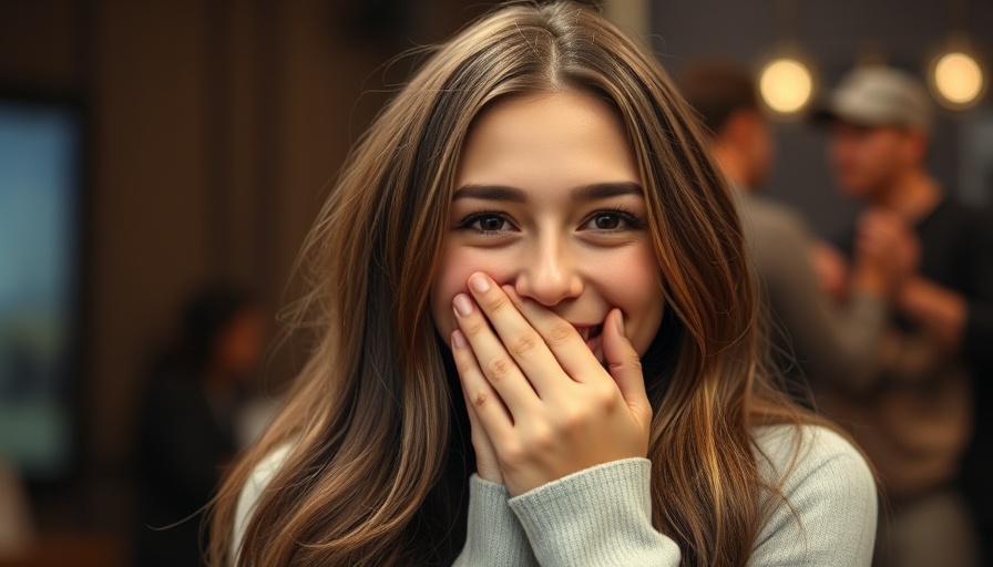 Woman in sitcom laughing and breaking character, actors' candid moment.
