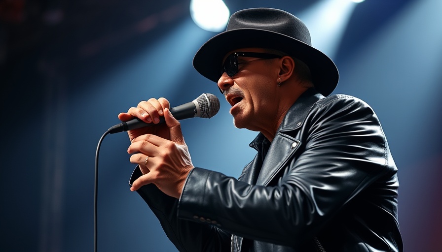 Performer in black leather jacket passionately singing on stage