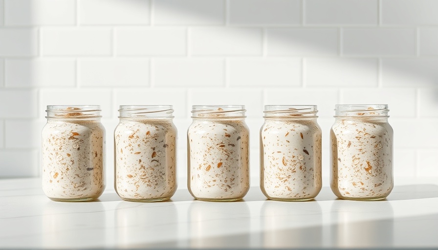 Five jars of overnight oats on a white countertop.
