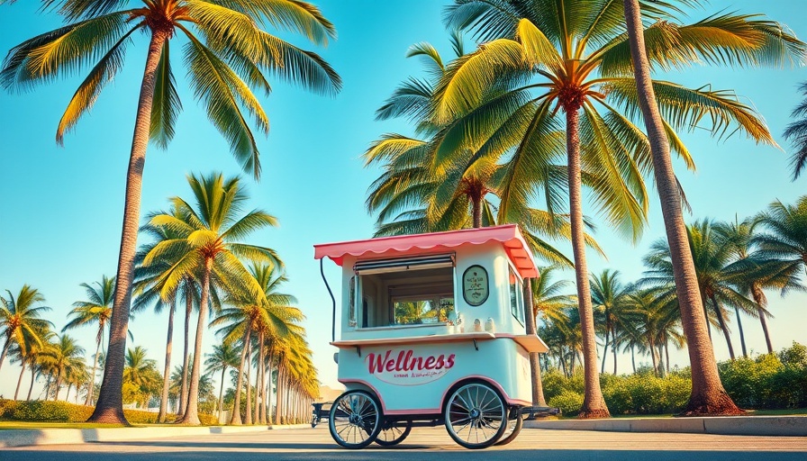 Retro wellness cart at Holi Mag wellness pop up under palm trees.