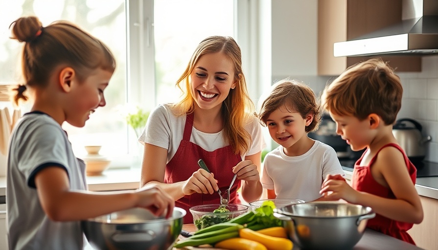 Mindful eating for kids: mother and children cooking together in kitchen