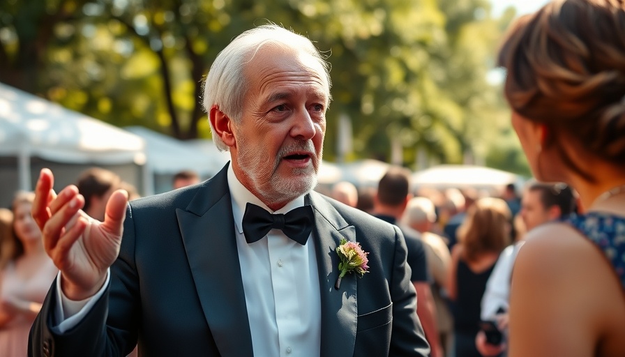Man gesturing in conversation at an outdoor event.