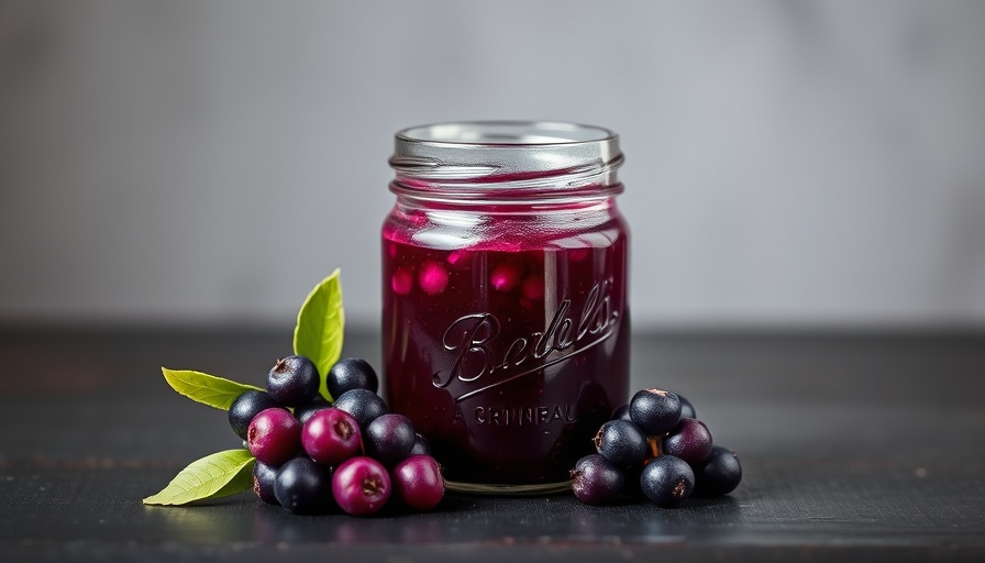 Homemade Beautyberry Jam jar and berries on wooden surface.