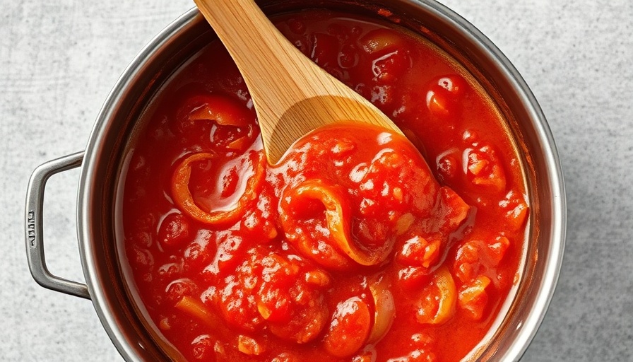 Healthy tomato sauce with onions in a pot, wooden spoon.