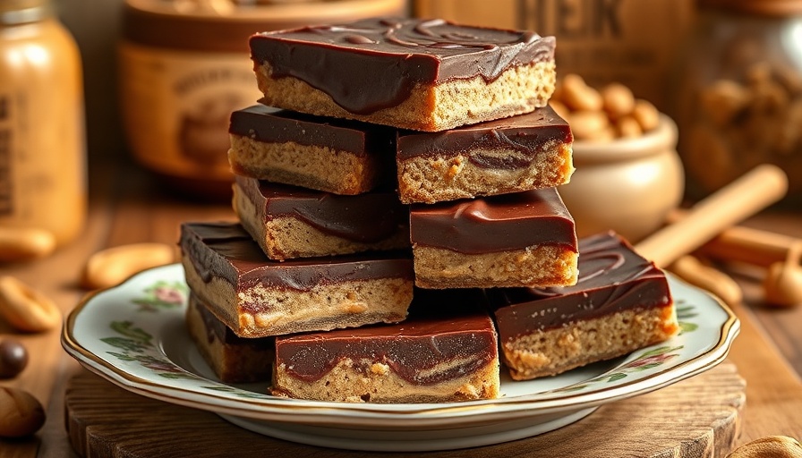 Stack of no-bake peanut butter chocolate bars with chocolate topping.