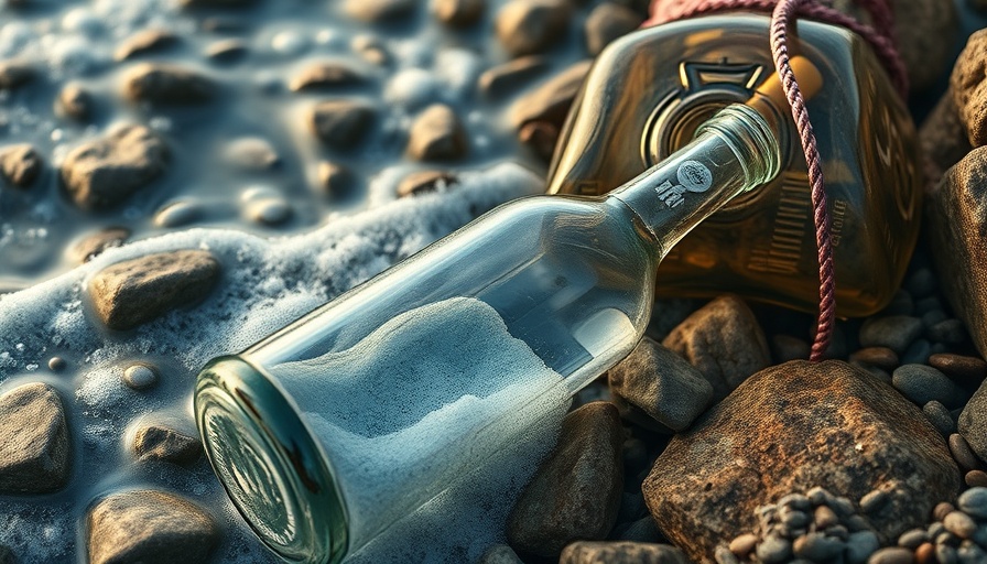 Big Dropi Cod Liver Oil bottle on rocky shore with bubbles.