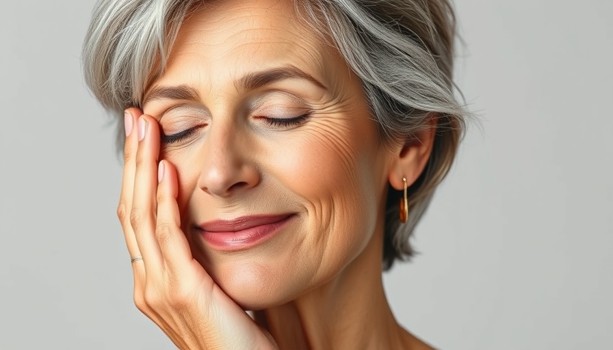 Elegant mature woman promoting facial muscle toning.