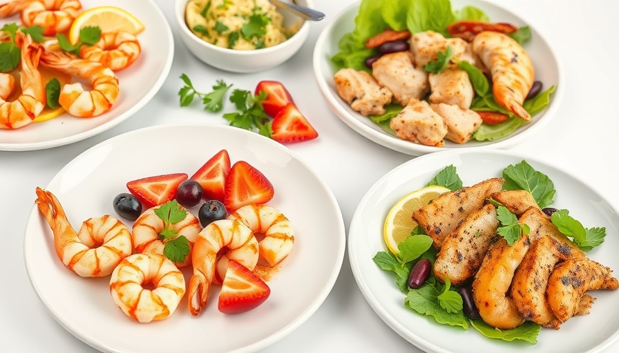 Vibrant high protein meal plan with diverse dishes, promoting nutritious ingredients.