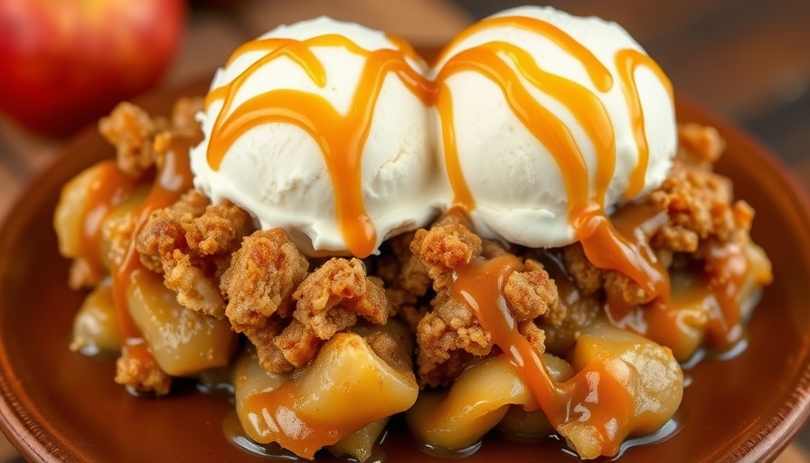 Salted Caramel Apple Crisp topped with ice cream in a white dish.