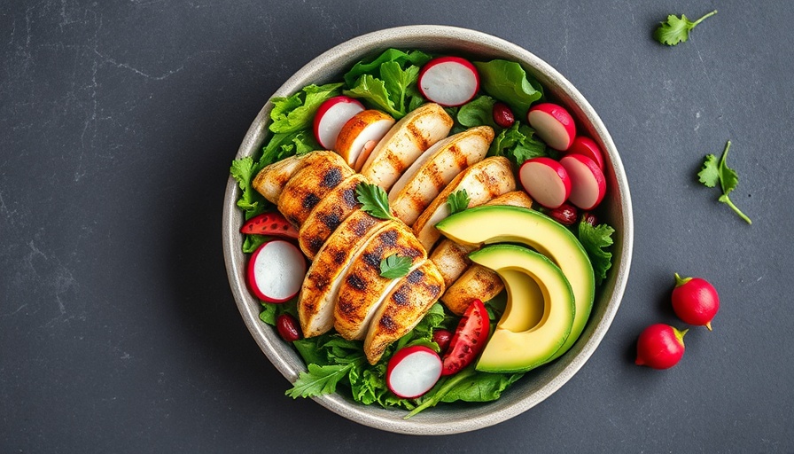 High protein cookbook cover with a vibrant meal featuring chicken, avocado, and vegetables.