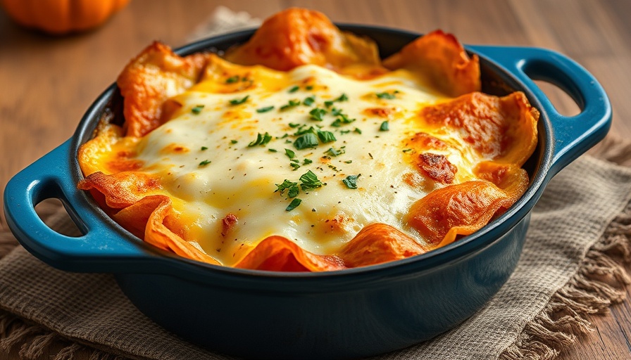 Pumpkin lasagna skillet with golden cheese crust and fresh herbs.