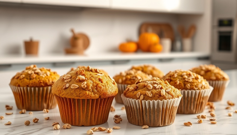 Freshly baked pumpkin streusel oat muffins on a countertop.